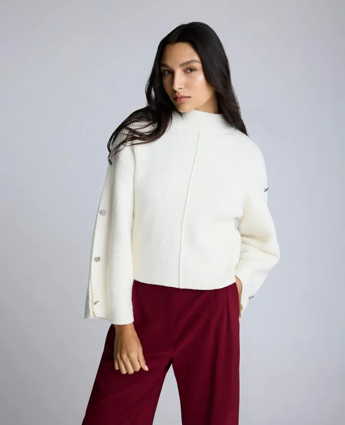 Kenneth Cole Sweaters Women Mock Neck Pullover Sweater With Placket Sleeve White