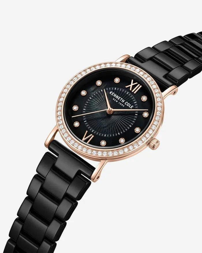 Kenneth Cole Womens Women Kenneth Cole Patterned Pearl Bracelet Watch Black