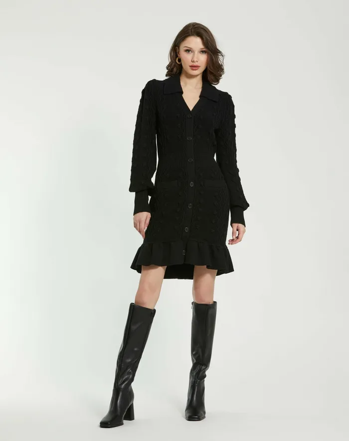 Knitwear Long Sleeve Button Up Collared Bobble Knit Sweater Dress Black Mac Duggal Women
