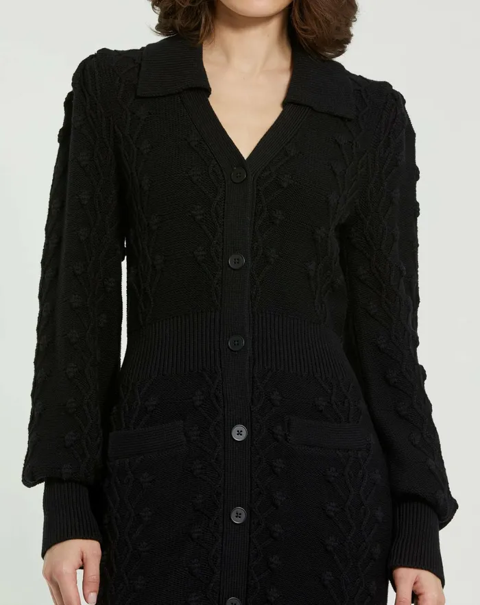 Knitwear Long Sleeve Button Up Collared Bobble Knit Sweater Dress Black Mac Duggal Women