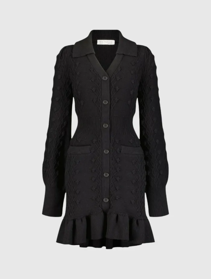 Knitwear Long Sleeve Button Up Collared Bobble Knit Sweater Dress Black Mac Duggal Women