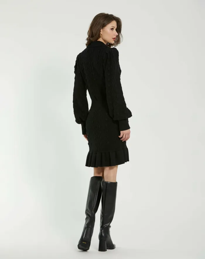 Knitwear Long Sleeve Button Up Collared Bobble Knit Sweater Dress Black Mac Duggal Women