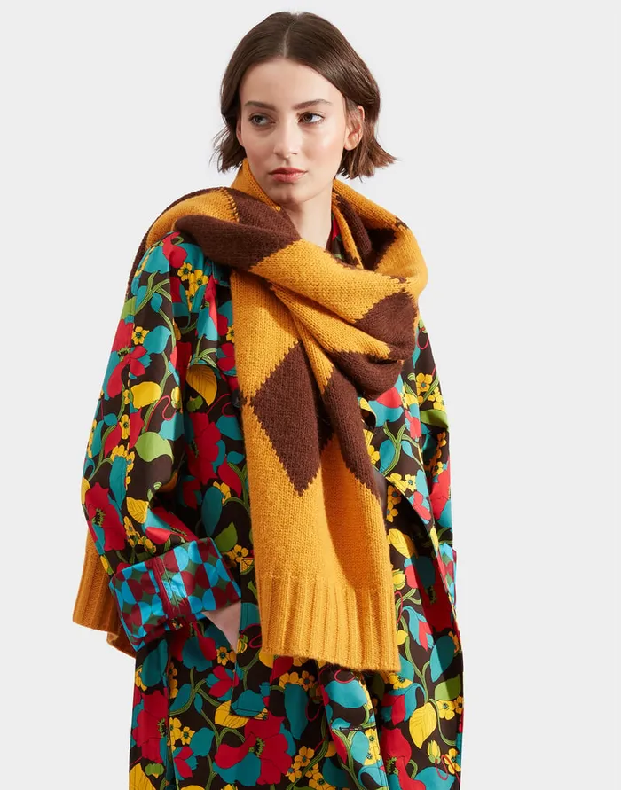 La Doublej Argyle Scarf Yellow Brown In Wool Women Foulards and Scarves