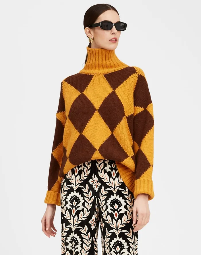La Doublej Argyle Sweater Yellow Brown In Wool Women Knitwear