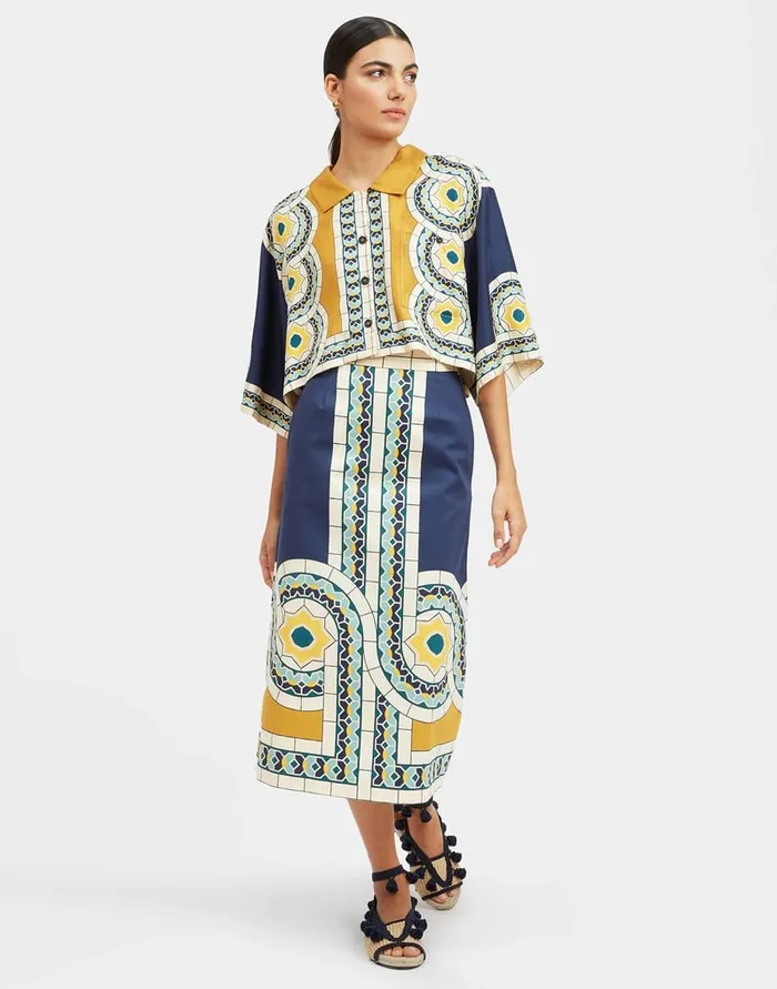 La Doublej Baia Skirt Mudejar Place Blue In Flat Cotton Stretch Women Skirts