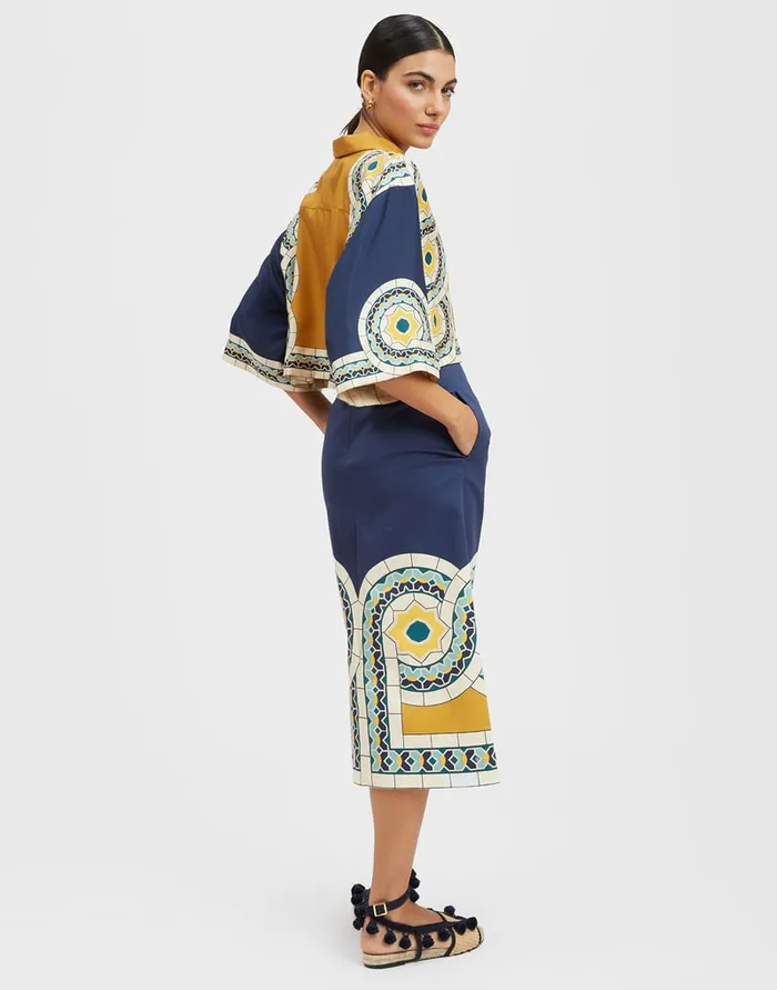 La Doublej Baia Skirt Mudejar Place Blue In Flat Cotton Stretch Women Skirts