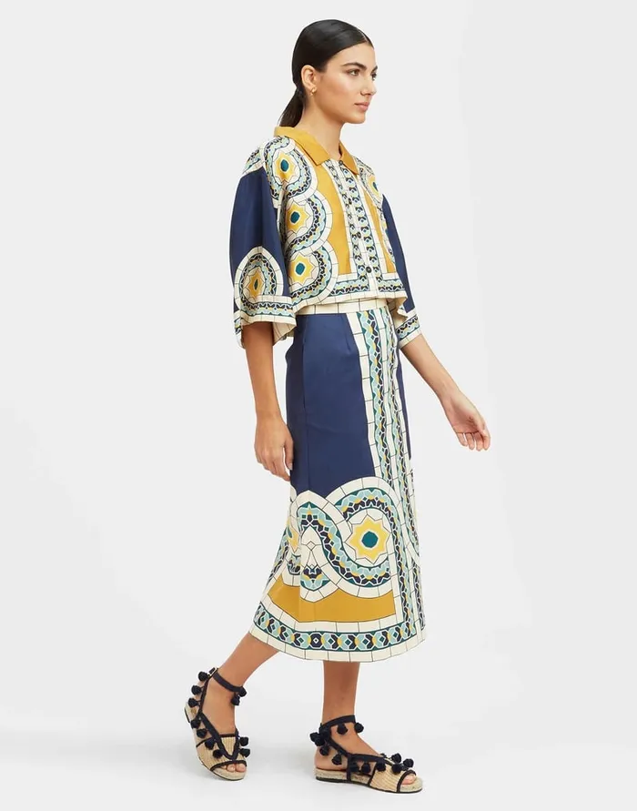 La Doublej Baia Skirt Mudejar Place Blue In Flat Cotton Stretch Women Skirts