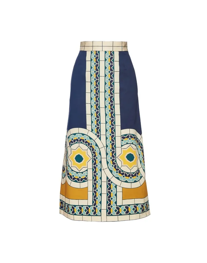 La Doublej Baia Skirt Mudejar Place Blue In Flat Cotton Stretch Women Skirts