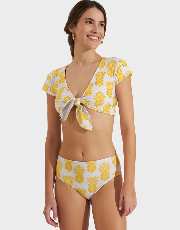 La Doublej Bardot Top Pineapple Sunflower White In Lycra Women Swimwear