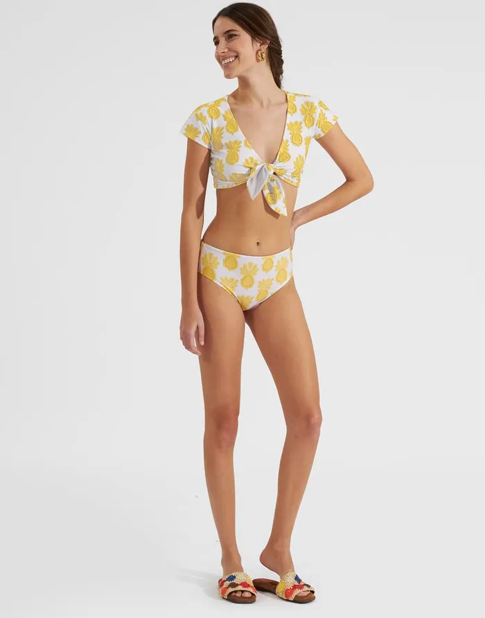 La Doublej Bardot Top Pineapple Sunflower White In Lycra Women Swimwear