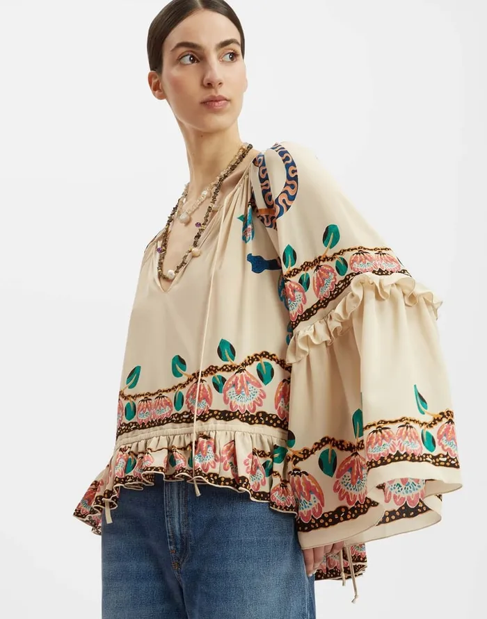 La Doublej Boho Blouse Eve Ecru In Crepe De Chine Women Shirts and Tops