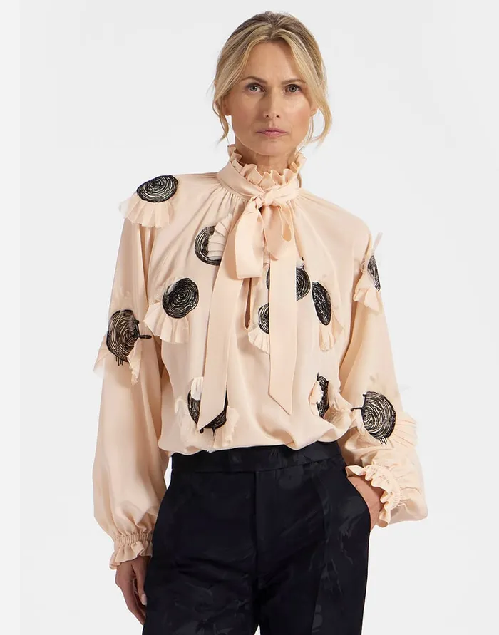 La Doublej Cerere Blouse Solid Light Pink In Crepe De Chine Silk Embroidered Women Shirts and Tops