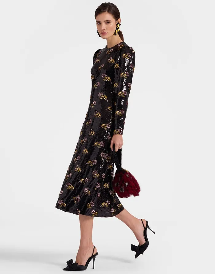 La Doublej Clingy Swing Mayfair Black In Paillettes Embroidered Women Dresses