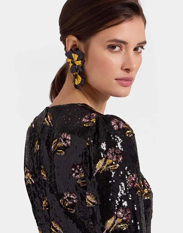 La Doublej Clingy Swing Mayfair Black In Paillettes Embroidered Women Dresses