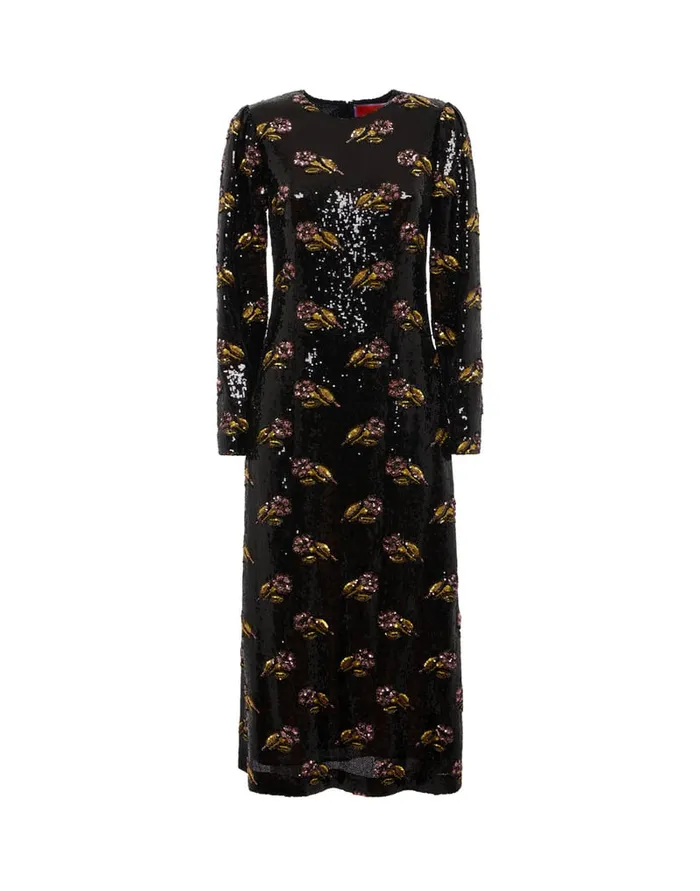 La Doublej Clingy Swing Mayfair Black In Paillettes Embroidered Women Dresses