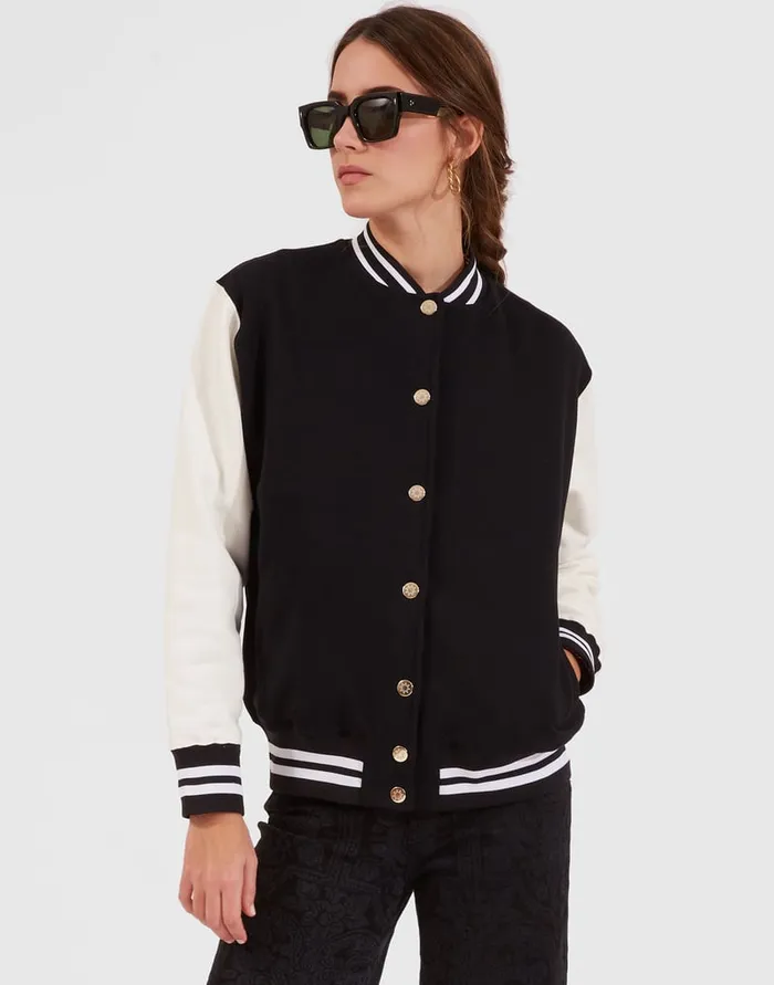 La Doublej Embroidered Sisterhood Varsity Bomber Solid Black In Jersey Women TShirts and Sweatshirts