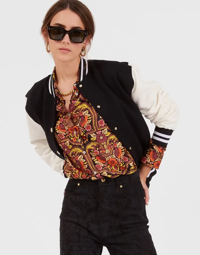 La Doublej Embroidered Sisterhood Varsity Bomber Solid Black In Jersey Women TShirts and Sweatshirts