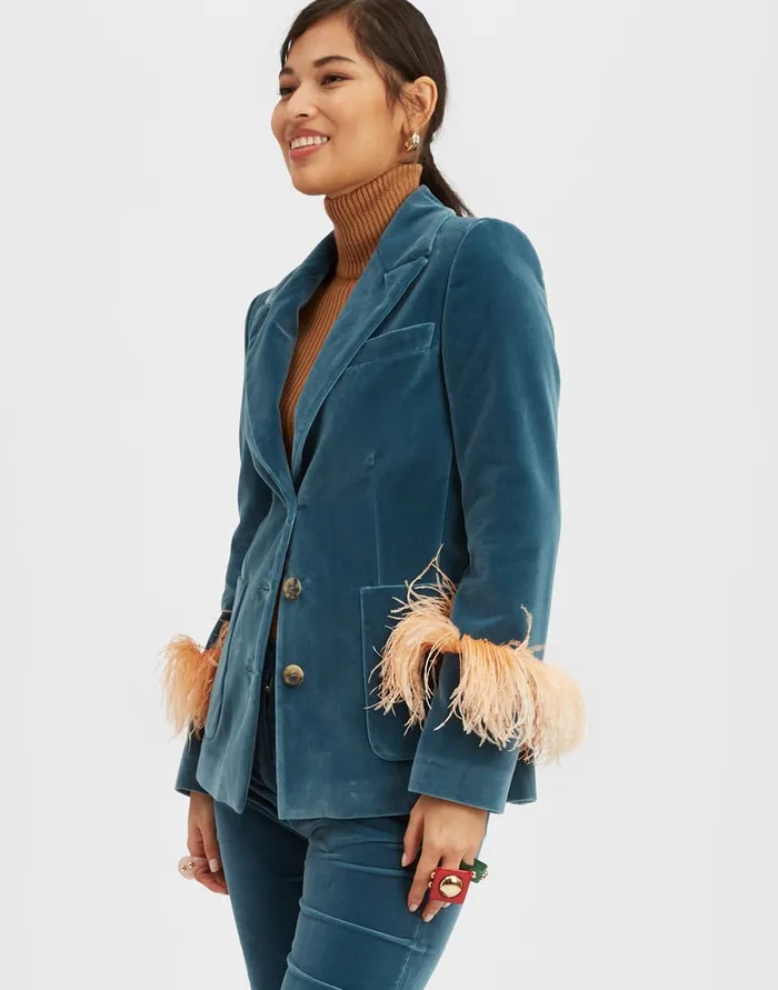 La Doublej Keaton Jacket Light Blue In Velvet With Feathers Women Outerwear