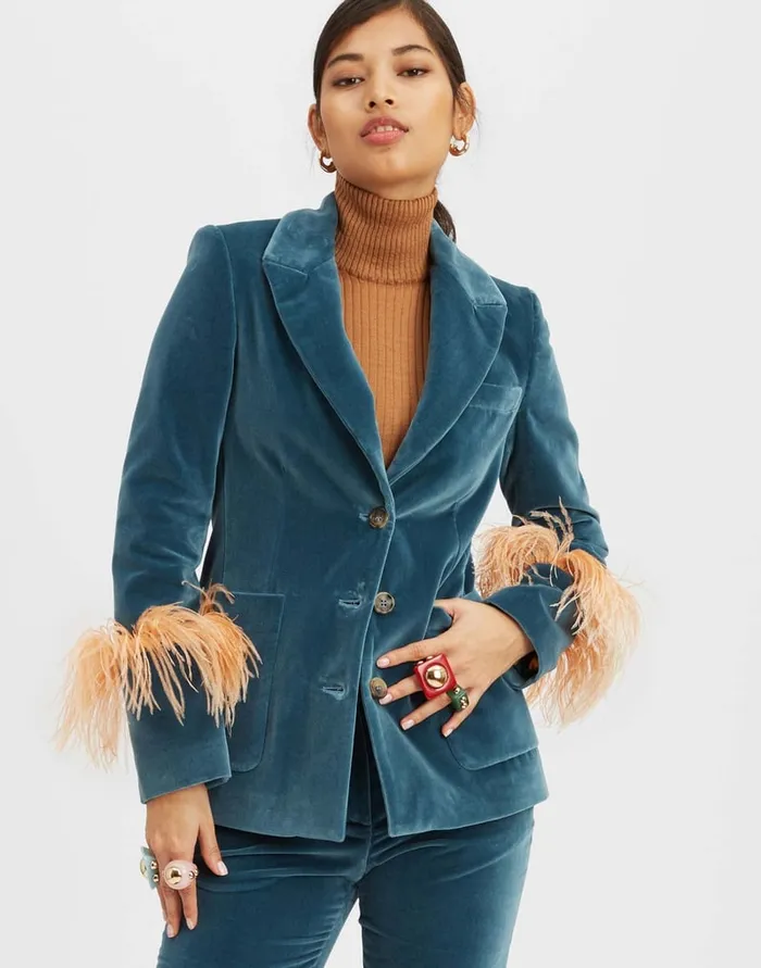 La Doublej Keaton Jacket Light Blue In Velvet With Feathers Women Outerwear