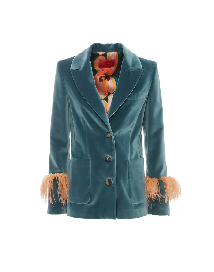 La Doublej Keaton Jacket Light Blue In Velvet With Feathers Women Outerwear