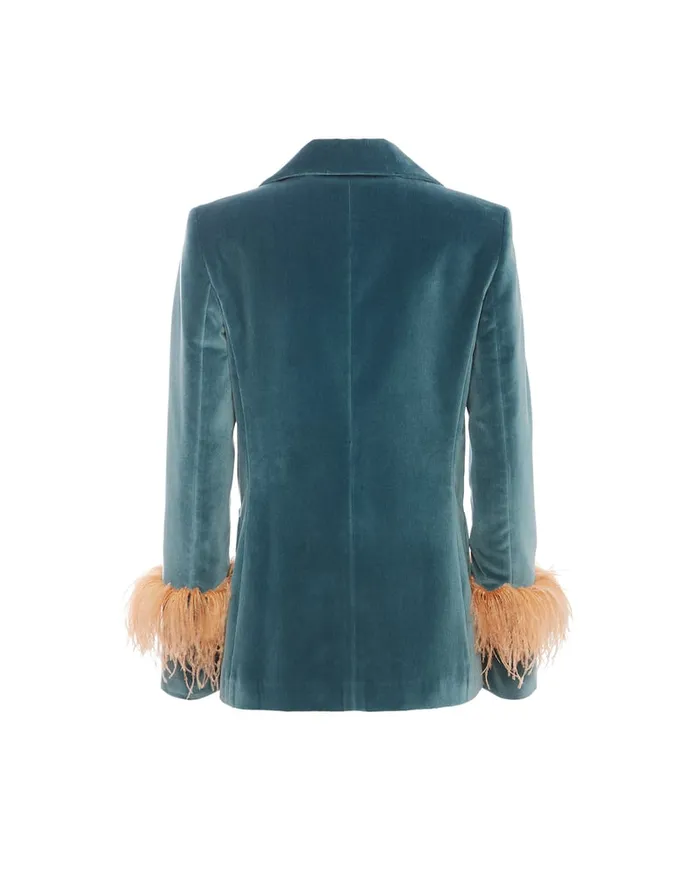 La Doublej Keaton Jacket Light Blue In Velvet With Feathers Women Outerwear