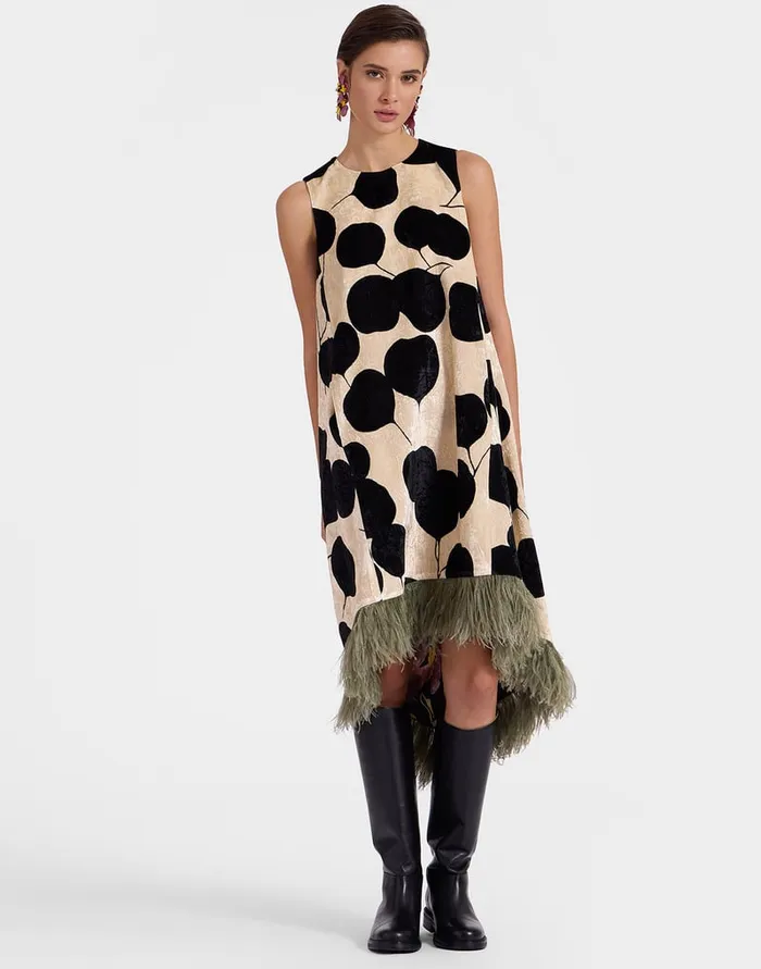 La Doublej La Scala High Dress Lunaria Light Pink In Crushed Velvet With Feathers Women Dresses