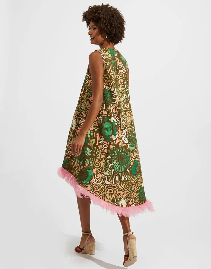 La Doublej La Scala High Dress With Feathers Anemone Pink In Shot Cotton Women Dresses