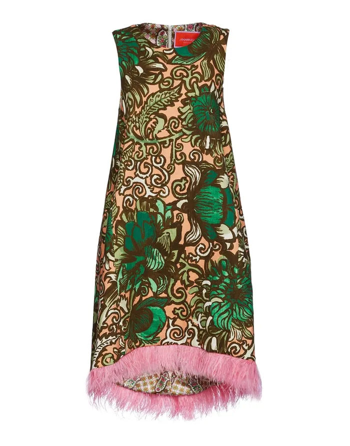 La Doublej La Scala High Dress With Feathers Anemone Pink In Shot Cotton Women Dresses