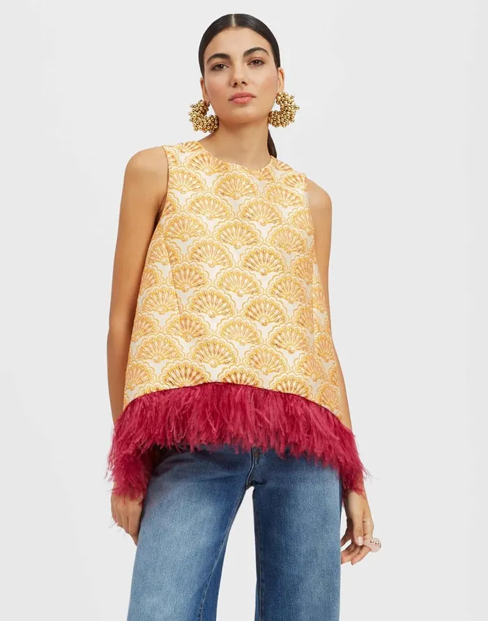 La Doublej La Scala Top Fans Gold In Jacquard With Feathers Women Shirts and Tops