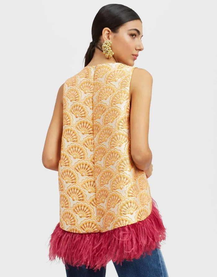 La Doublej La Scala Top Fans Gold In Jacquard With Feathers Women Shirts and Tops