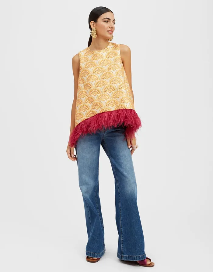 La Doublej La Scala Top Fans Gold In Jacquard With Feathers Women Shirts and Tops
