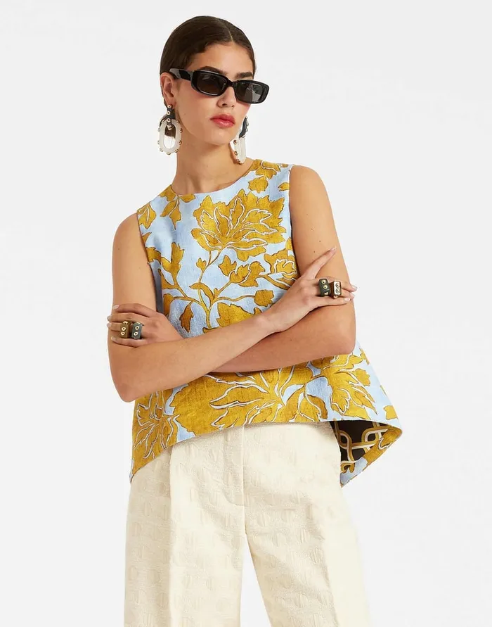 La Doublej La Scala Top Tangle Light Blue In Shot Cotton Women Shirts and Tops