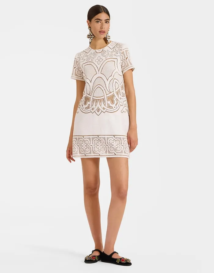 La Doublej Lacey Mini Swing Dress Solid White Smoke In Embroidered Cotton Women Dresses