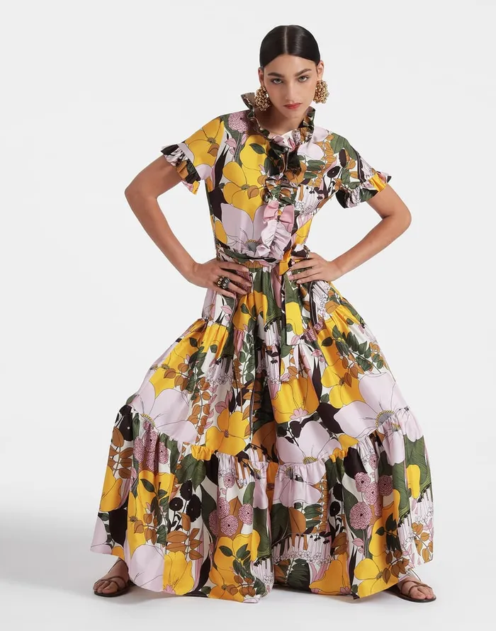 La Doublej Long And Sassy Dress Big Flower Rose In Silk Twill Women Dresses