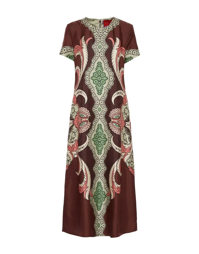La Doublej Swing Dress Portal Place Brown In Silk Twill Women Party Dressing