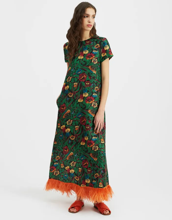 La Doublej Swing Dress With Feathers Night Garden In Silk Twill Women Dresses