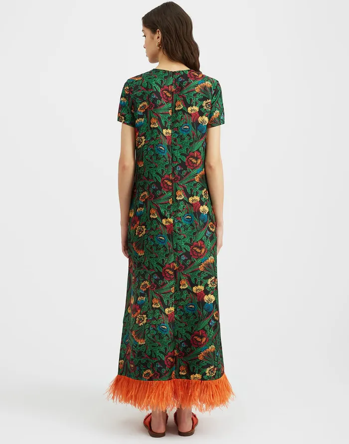 La Doublej Swing Dress With Feathers Night Garden In Silk Twill Women Dresses
