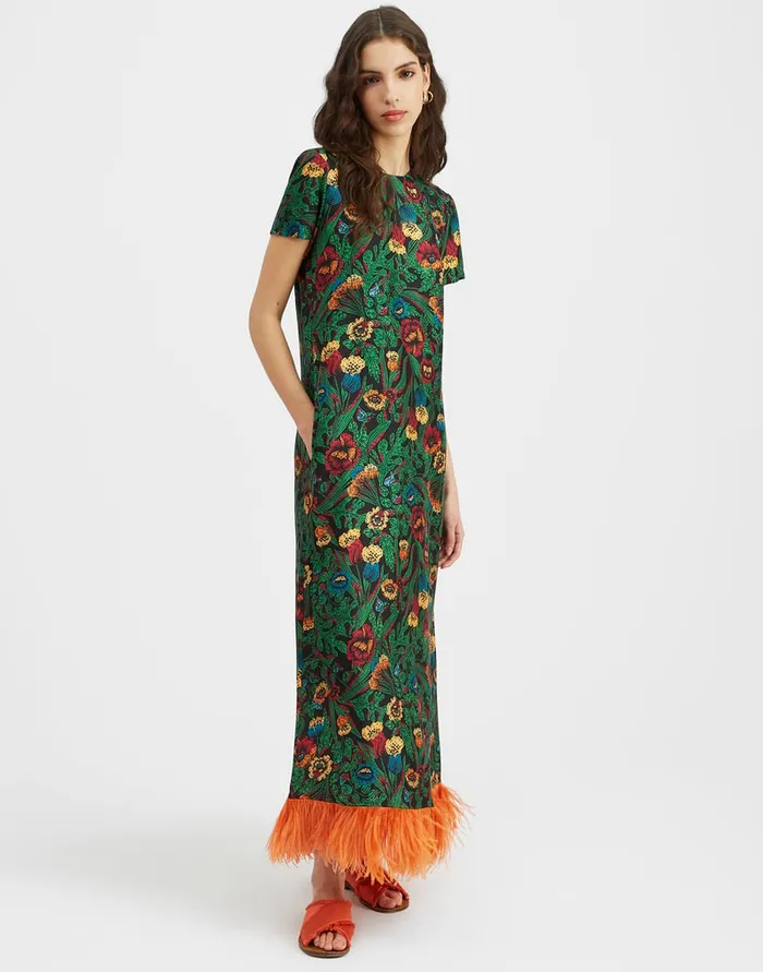 La Doublej Swing Dress With Feathers Night Garden In Silk Twill Women Dresses