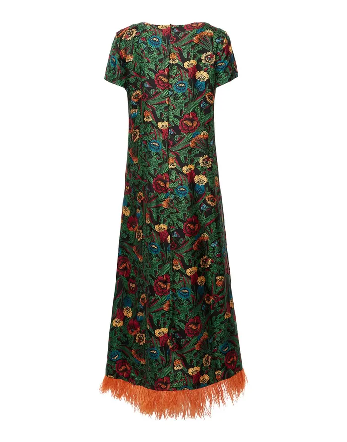 La Doublej Swing Dress With Feathers Night Garden In Silk Twill Women Dresses