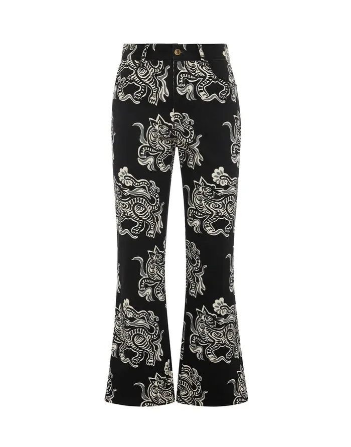 La Doublej The Cropped Flare Jean Crazy Tigers Black and White In Cotton Drill Women Shorts and Pants