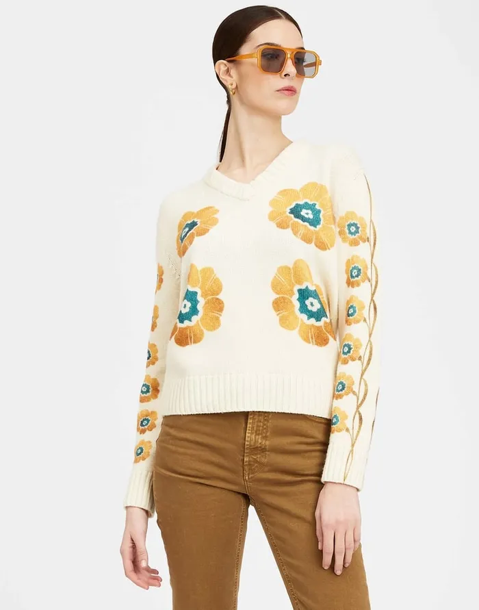 La Doublej VNeck Boy Sweater Daisychain Place Off White In Wool Cashmere Women Knitwear