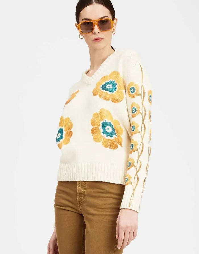 La Doublej VNeck Boy Sweater Daisychain Place Off White In Wool Cashmere Women Knitwear