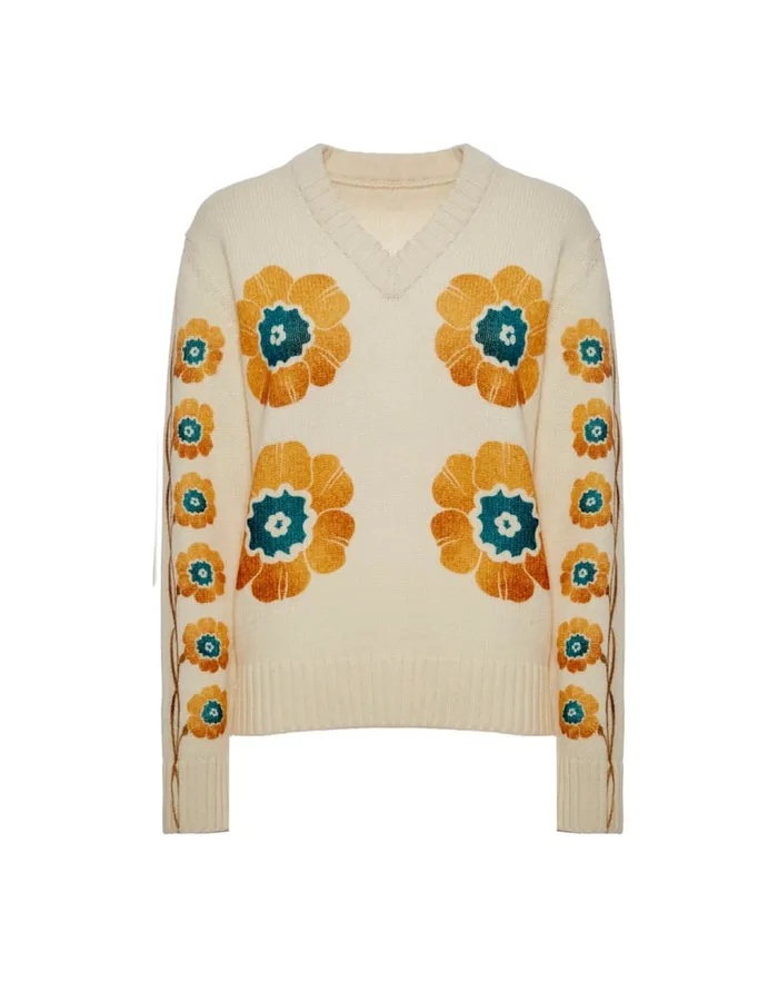 La Doublej VNeck Boy Sweater Daisychain Place Off White In Wool Cashmere Women Knitwear
