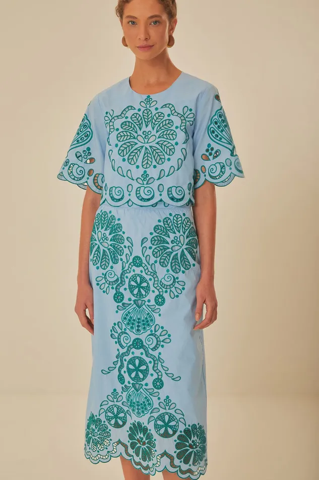 Light Blue And Green Graphic Richelieu Midi Skirt Women Farm Rio Skirts