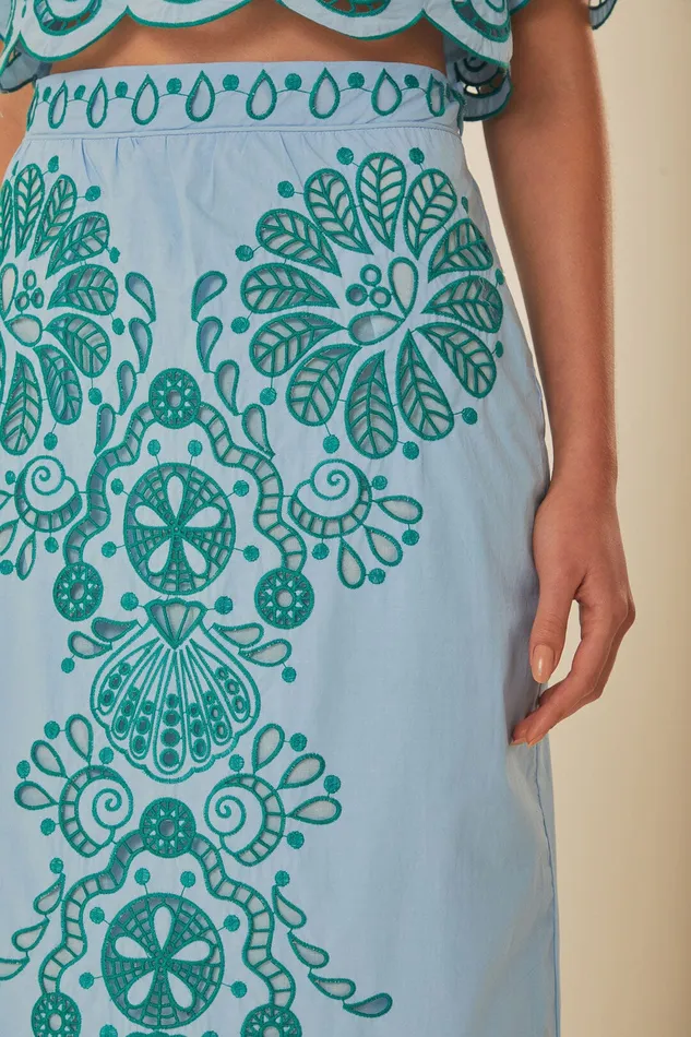 Light Blue And Green Graphic Richelieu Midi Skirt Women Farm Rio Skirts