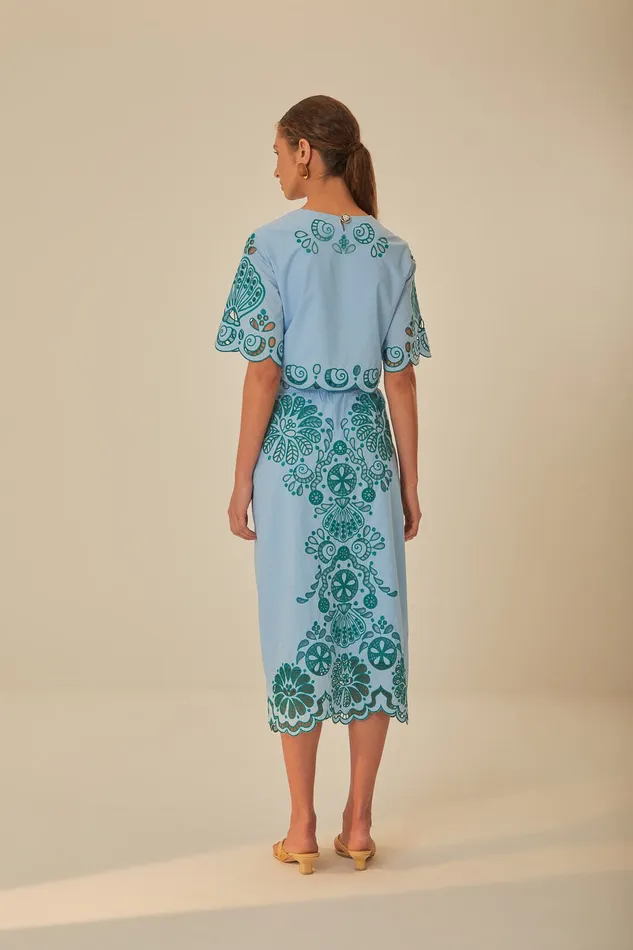 Light Blue And Green Graphic Richelieu Midi Skirt Women Farm Rio Skirts