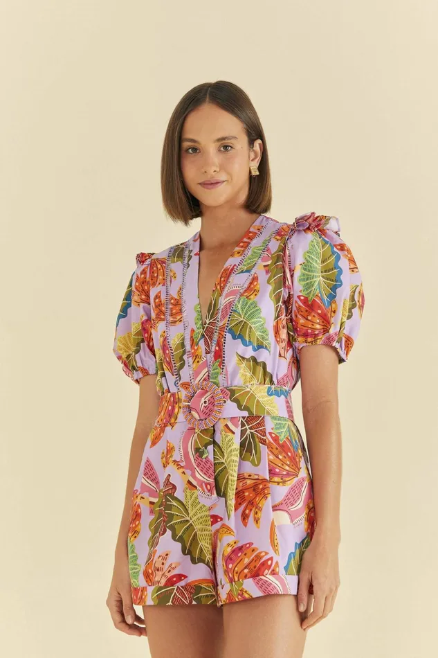 Lilac Beaks and Bananas V Neck Romper Women Farm Rio Rompers