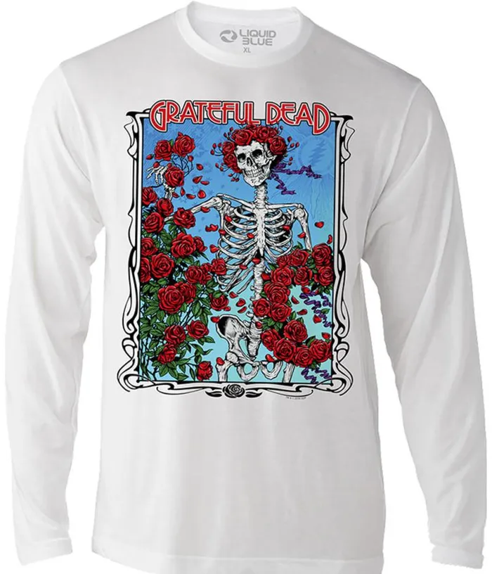 Liquid Blue Long Sleeve Men Bertha Wheel and Roses Long Sleeve Athletic White TShirt