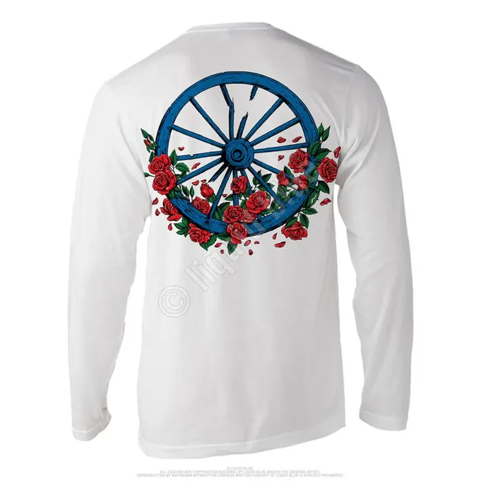 Liquid Blue Long Sleeve Men Bertha Wheel and Roses Long Sleeve Athletic White TShirt