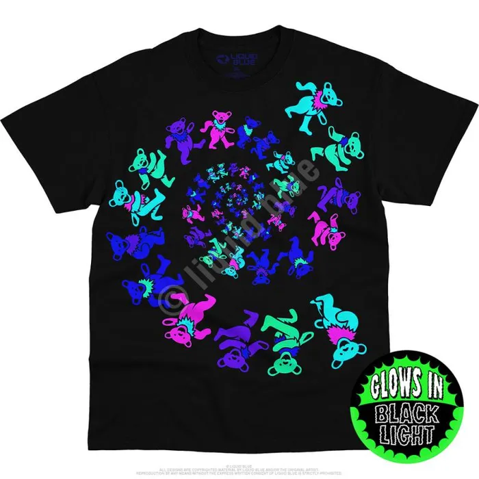 Liquid Blue TShirt Men Spiral Bears Blacklight Black TShirt